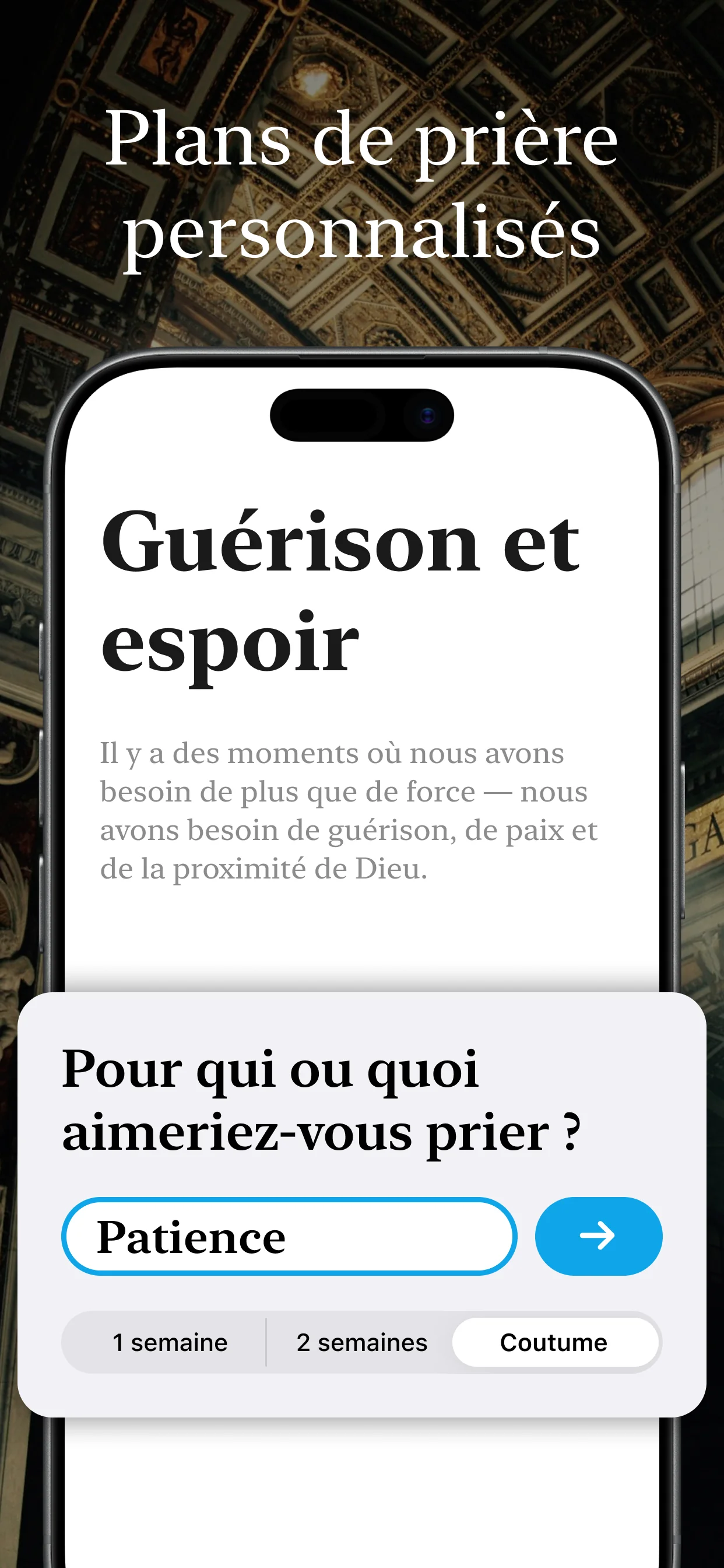 Aperçu de l'application catholique Corvia - écran d'accueil pour la prière et liste de neuvaines